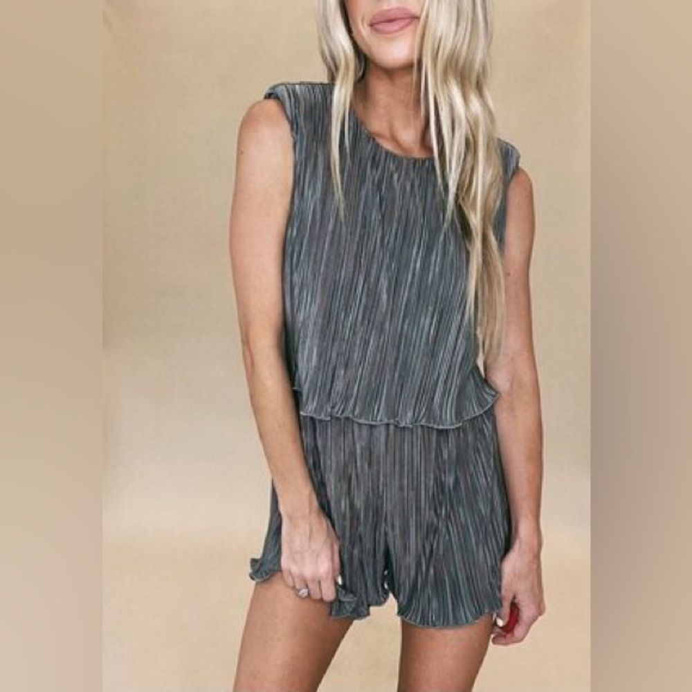 Metallic Dark Teal Pleated Romper